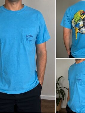 Guy Harvey Bright Turquoise Short Sleeve Pocket Tee with Parrot Back Graphic